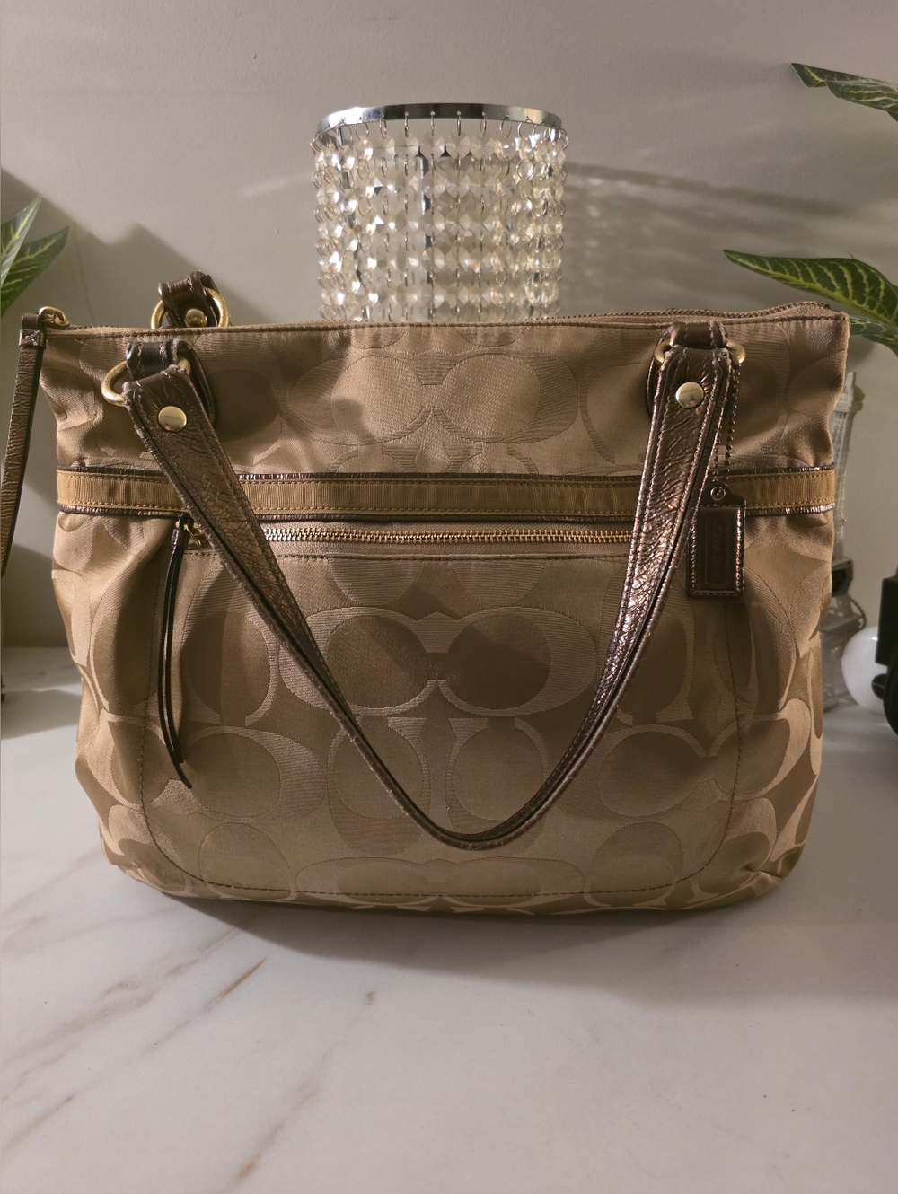 Coach Khaki Signature Canvas Shoulder Tote with Metallic Brown Trim